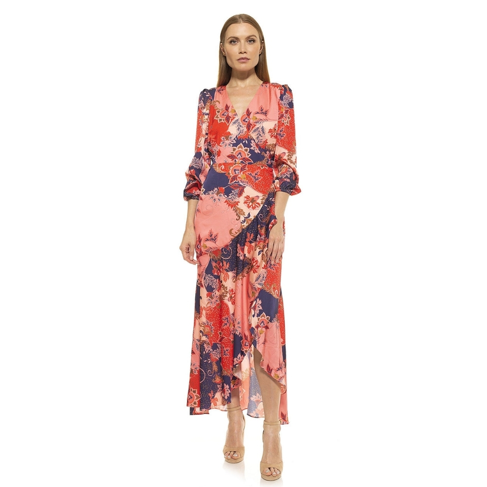 Floral Wrap Dress in Red and Blue